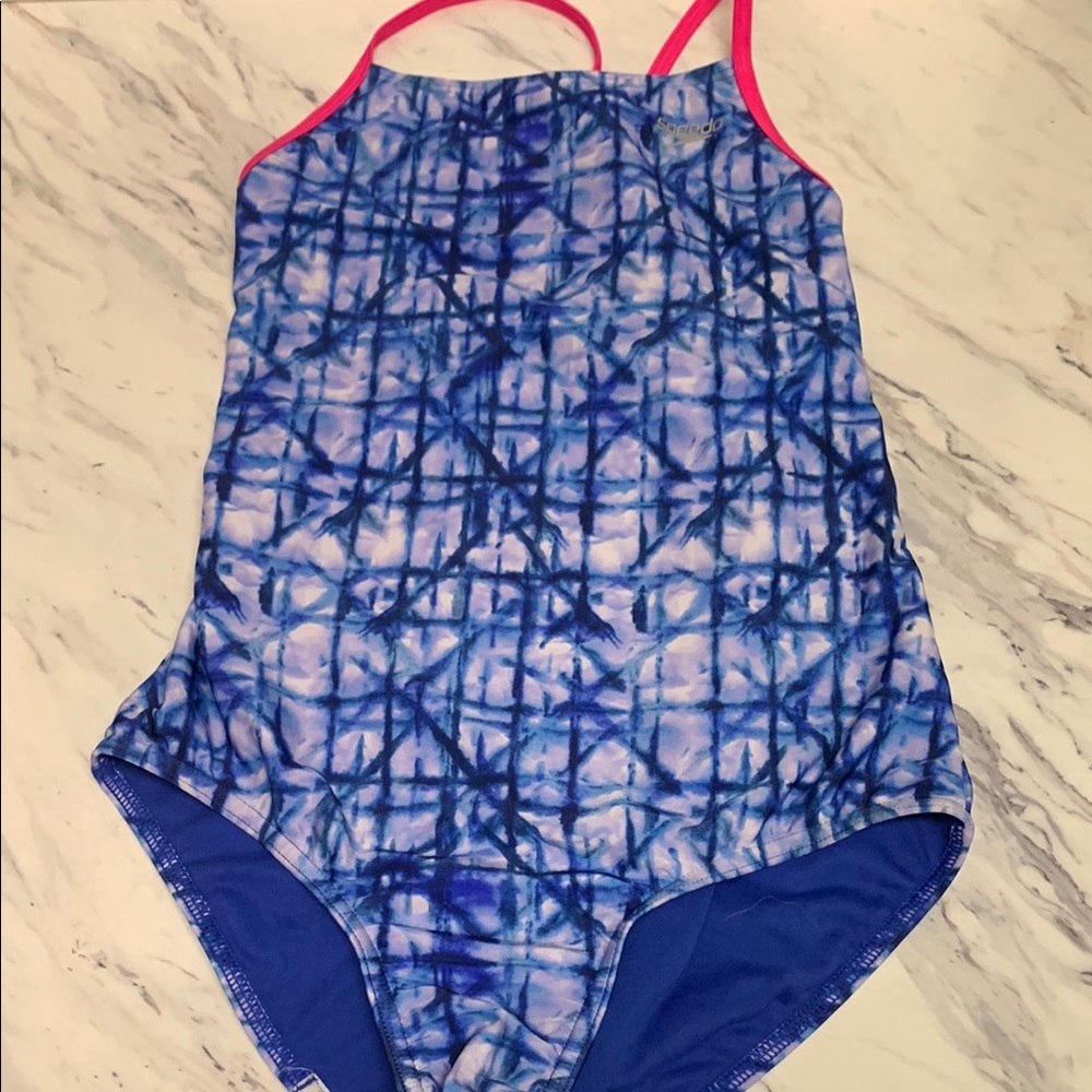 Speedo Blue and Pink One Piece Swimsuit with Geometric Pattern
